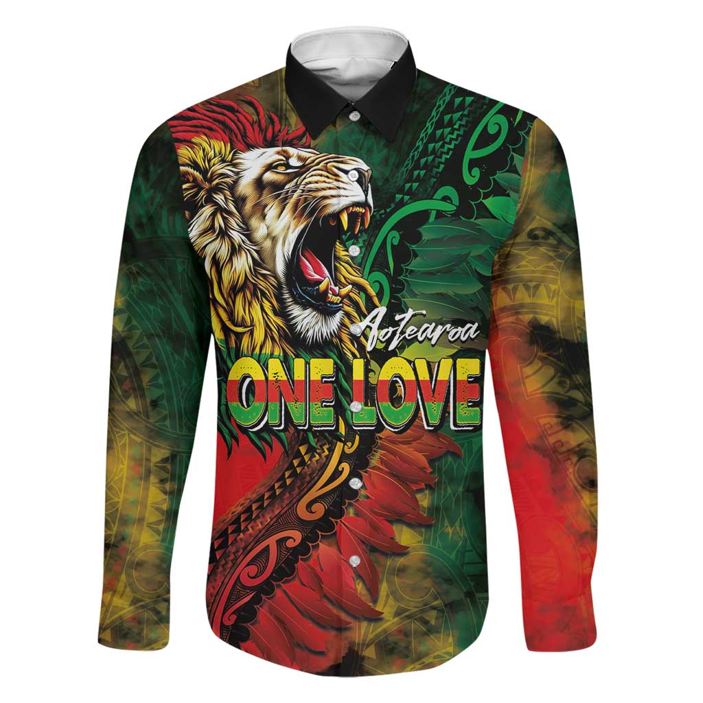 Aotearoa One Love Family Matching Long Sleeve Bodycon Dress and Hawaiian Shirt Reggae Lion with Kakahu Huruhuru LT03 Dad's Shirt - Long Sleeve Black - Polynesian Pride