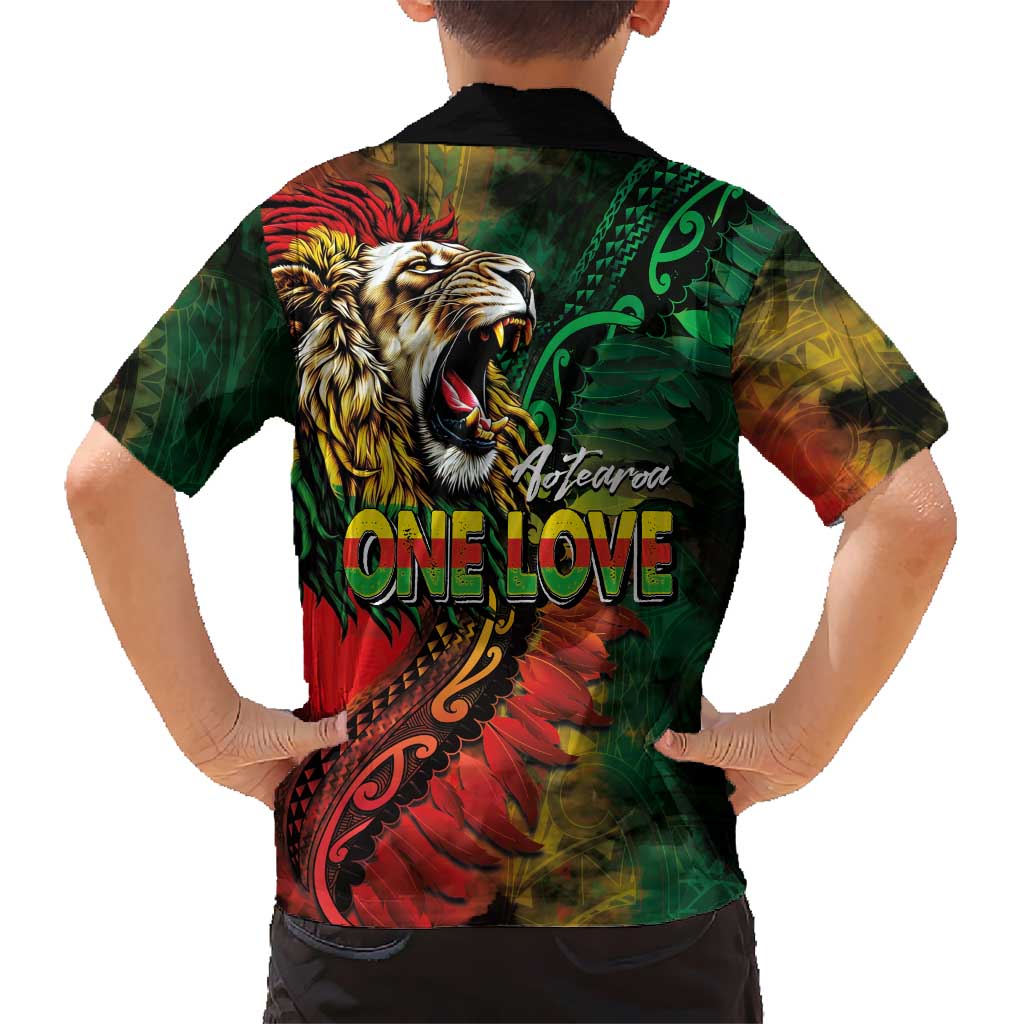 Aotearoa One Love Family Matching Off The Shoulder Long Sleeve Dress and Hawaiian Shirt Reggae Lion with Kakahu Huruhuru LT03 - Polynesian Pride