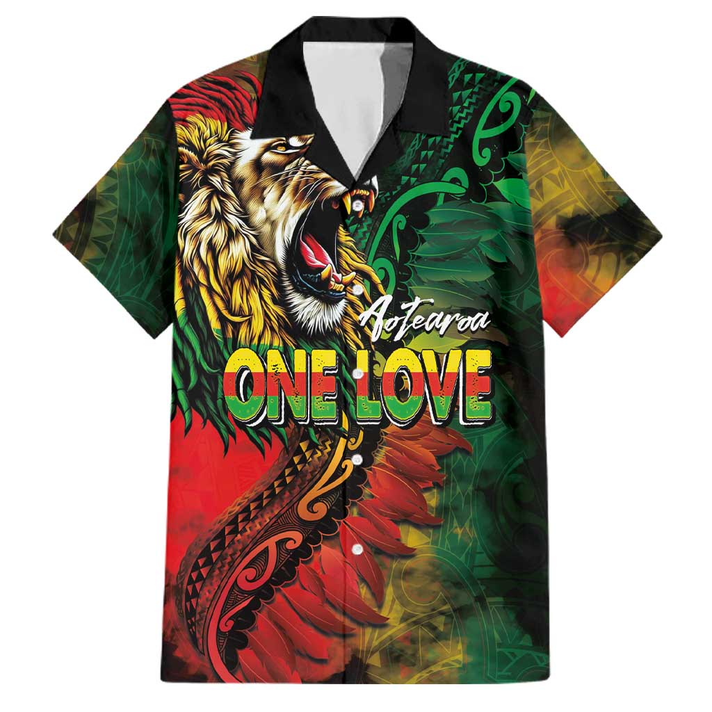 Aotearoa One Love Family Matching Off The Shoulder Long Sleeve Dress and Hawaiian Shirt Reggae Lion with Kakahu Huruhuru LT03 Dad's Shirt - Short Sleeve Black - Polynesian Pride