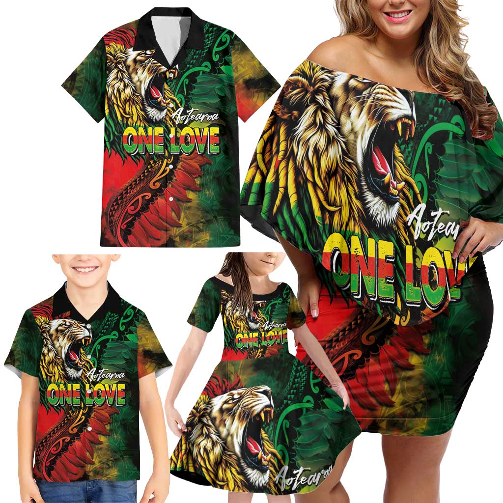 Aotearoa One Love Family Matching Off Shoulder Short Dress and Hawaiian Shirt Reggae Lion with Kakahu Huruhuru LT03 - Polynesian Pride