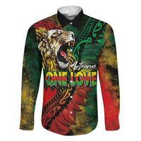 Aotearoa One Love Family Matching Off Shoulder Short Dress and Hawaiian Shirt Reggae Lion with Kakahu Huruhuru LT03 Dad's Shirt - Long Sleeve Black - Polynesian Pride