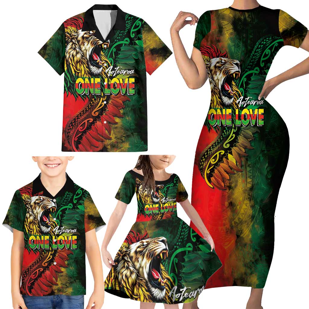 Aotearoa One Love Family Matching Short Sleeve Bodycon Dress and Hawaiian Shirt Reggae Lion with Kakahu Huruhuru LT03 - Polynesian Pride