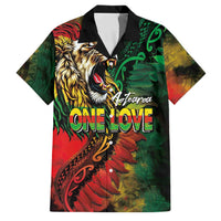 Aotearoa One Love Family Matching Short Sleeve Bodycon Dress and Hawaiian Shirt Reggae Lion with Kakahu Huruhuru LT03 Dad's Shirt - Short Sleeve Black - Polynesian Pride