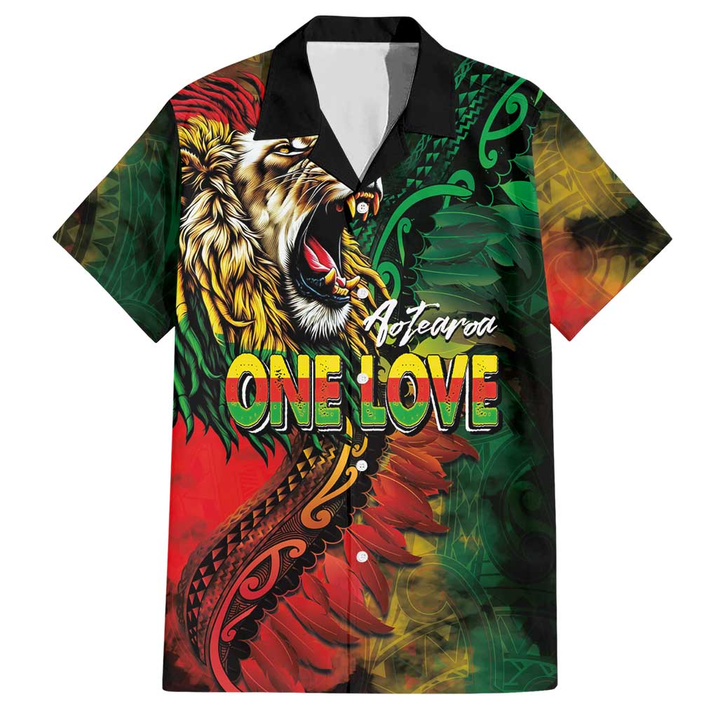 Aotearoa One Love Hawaiian Shirt Reggae Lion with Kakahu Huruhuru