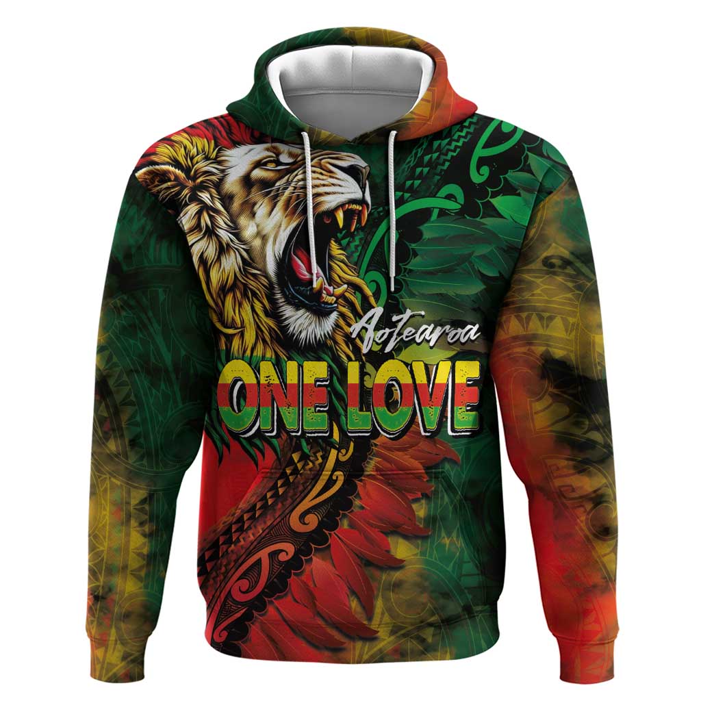 Aotearoa One Love Hoodie Reggae Lion with Kakahu Huruhuru