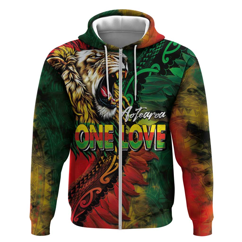 Aotearoa One Love Hoodie Reggae Lion with Kakahu Huruhuru