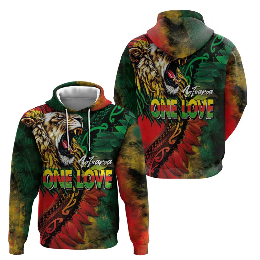 Aotearoa One Love Hoodie Reggae Lion with Kakahu Huruhuru