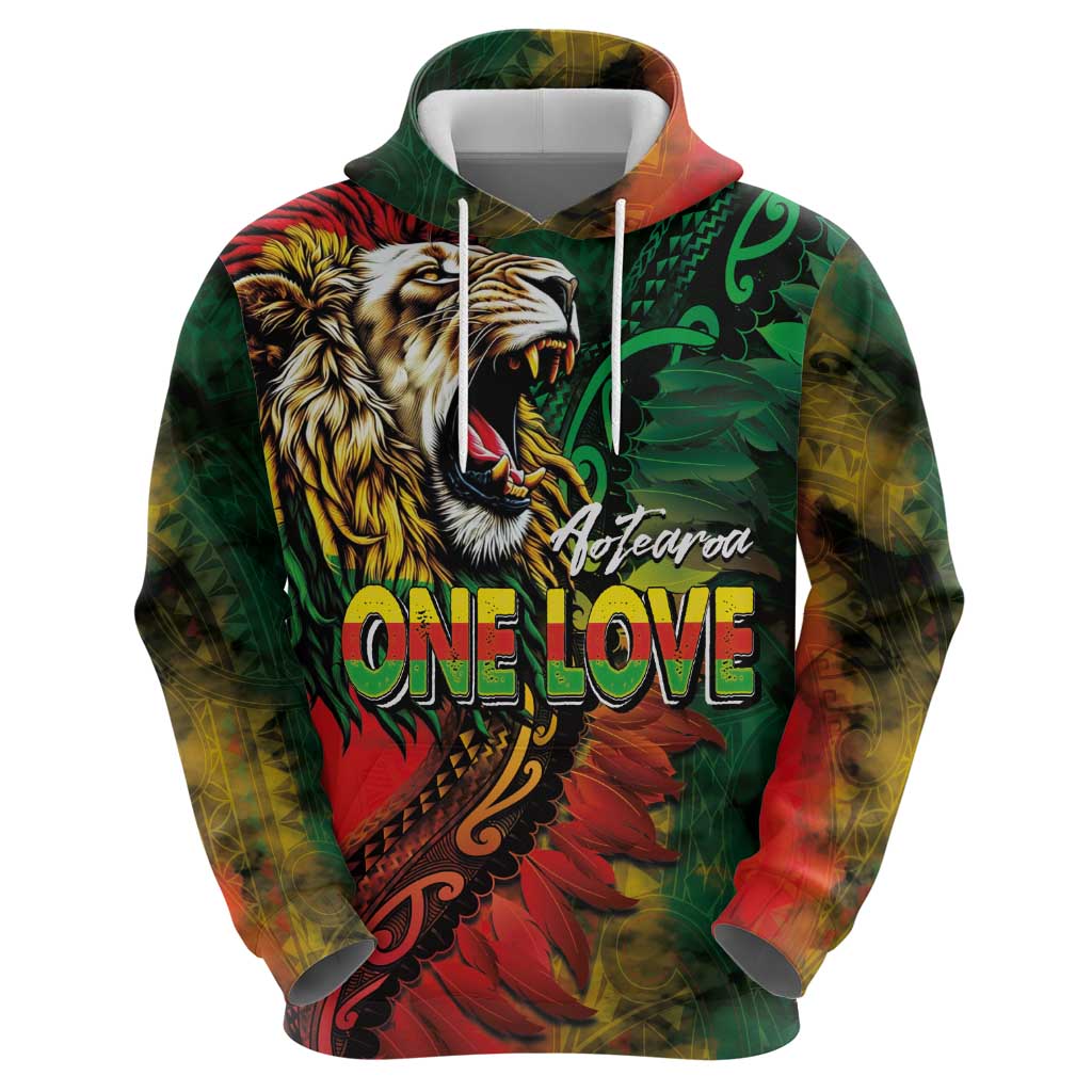 Aotearoa One Love Hoodie Reggae Lion with Kakahu Huruhuru