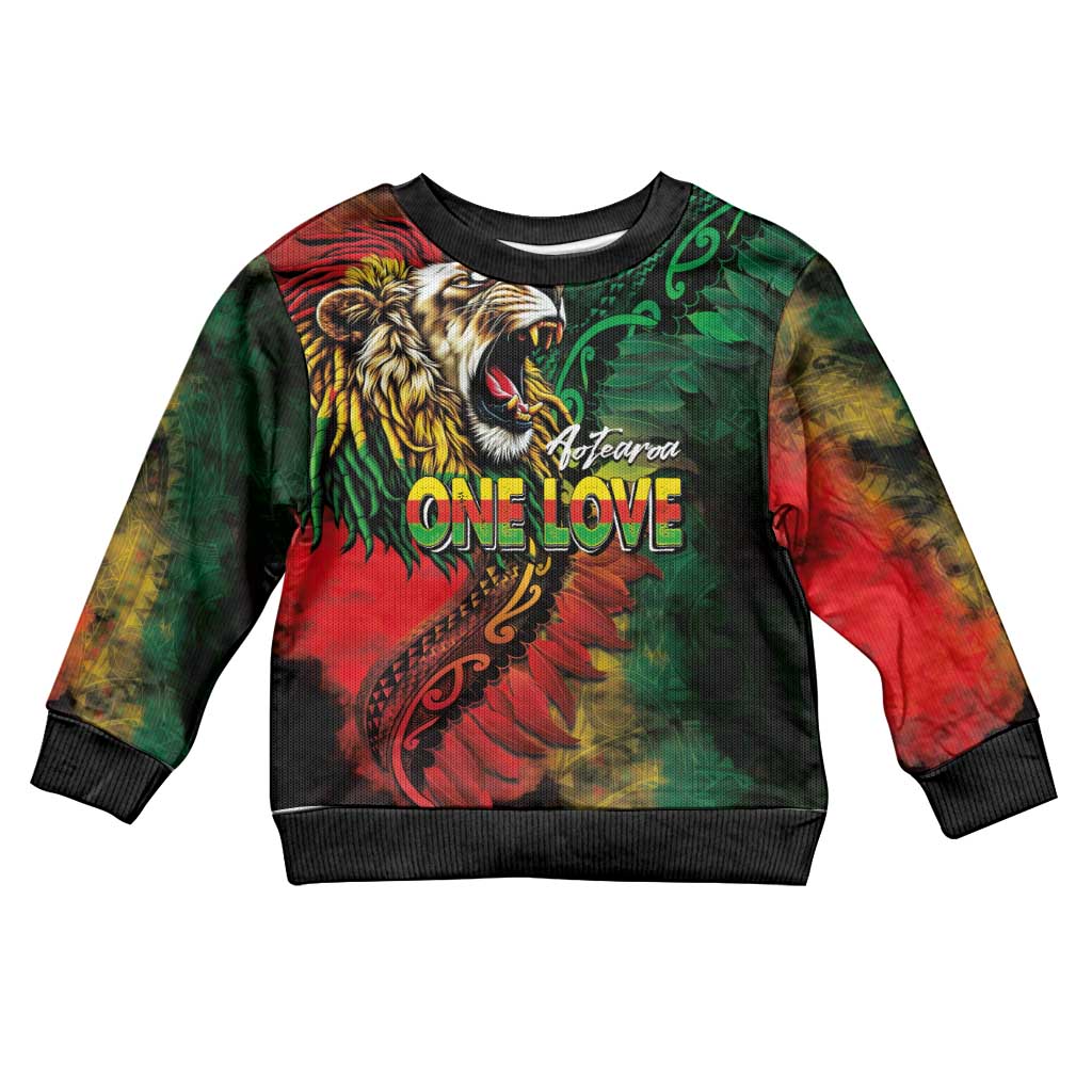 Aotearoa One Love Kid Ugly Christmas Sweater Reggae Lion with Kakahu Huruhuru