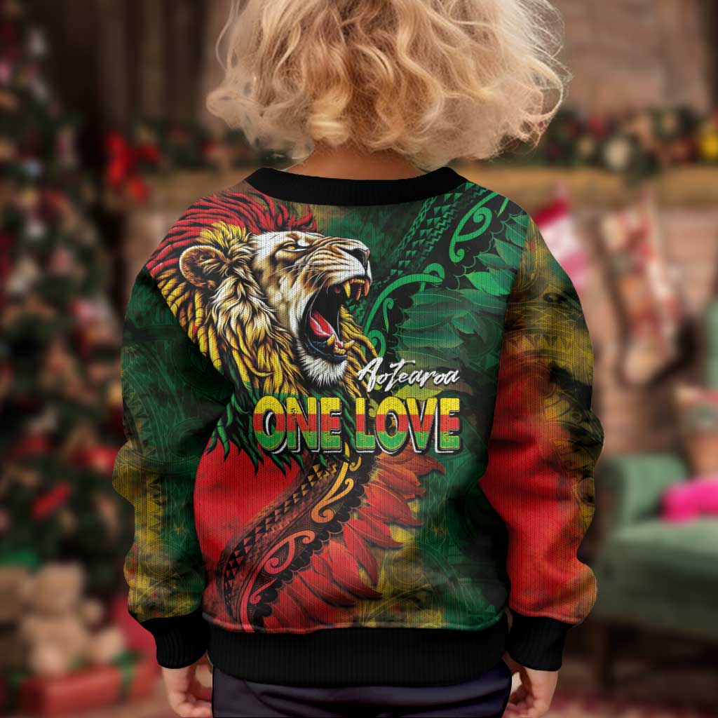 Aotearoa One Love Kid Ugly Christmas Sweater Reggae Lion with Kakahu Huruhuru