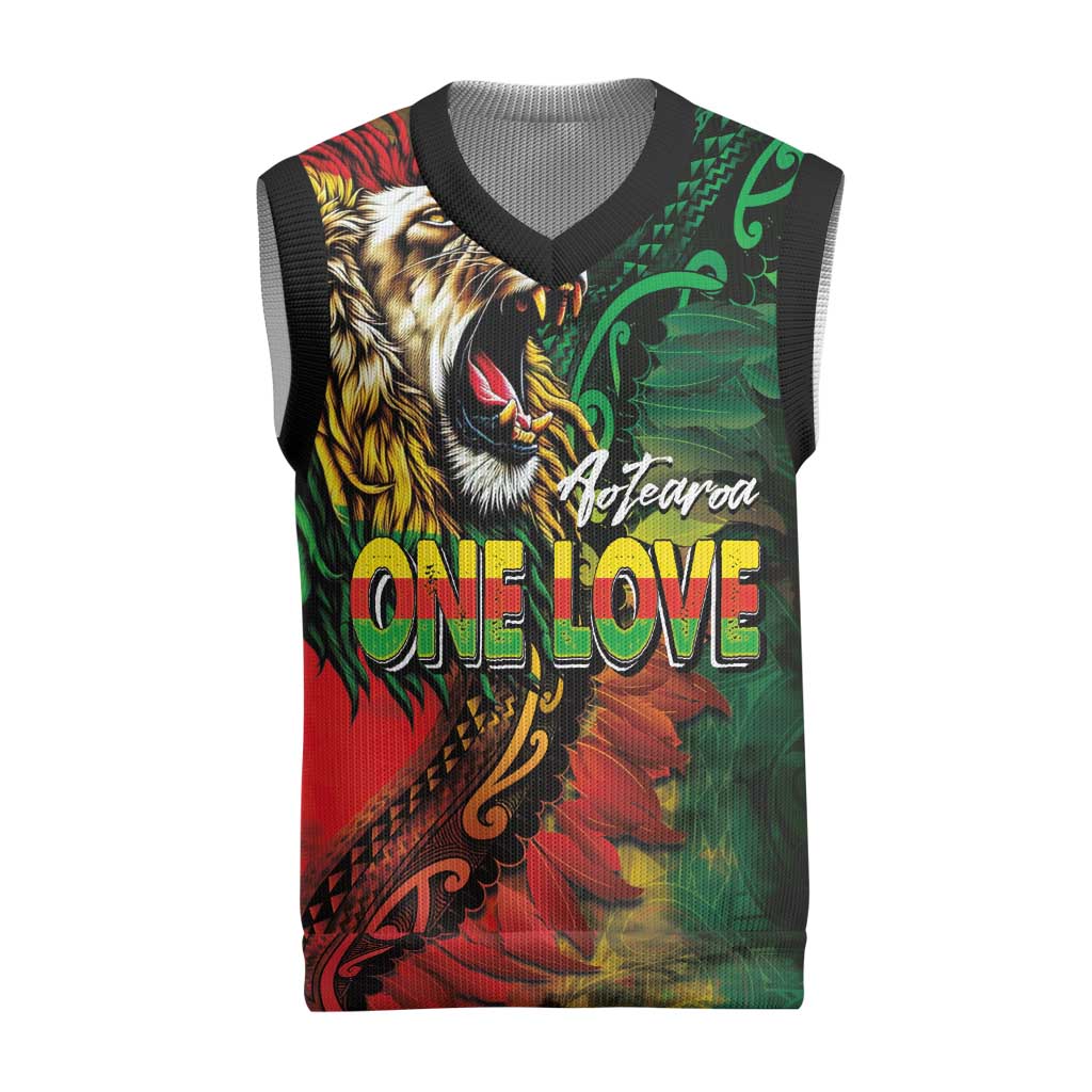 Aotearoa One Love Christmas Knitted V-Neck Vest Reggae Lion with Kakahu Huruhuru