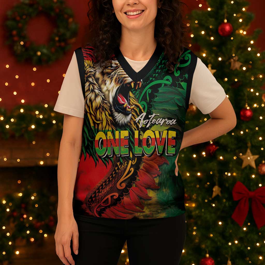 Aotearoa One Love Christmas Knitted V-Neck Vest Reggae Lion with Kakahu Huruhuru