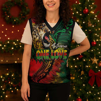Aotearoa One Love Christmas Knitted V-Neck Vest Reggae Lion with Kakahu Huruhuru