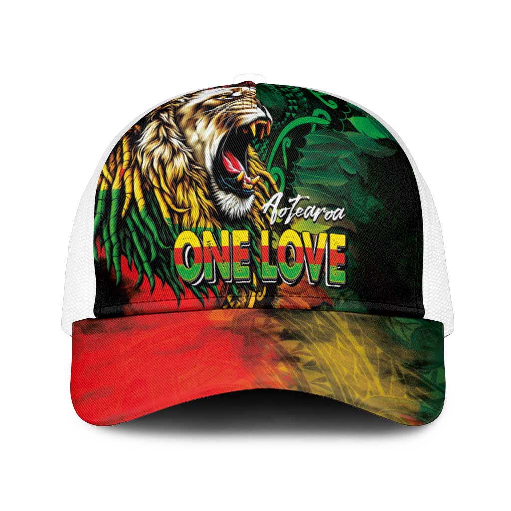 Aotearoa One Love Mesh Trucker Cap Reggae Lion with Kakahu Huruhuru