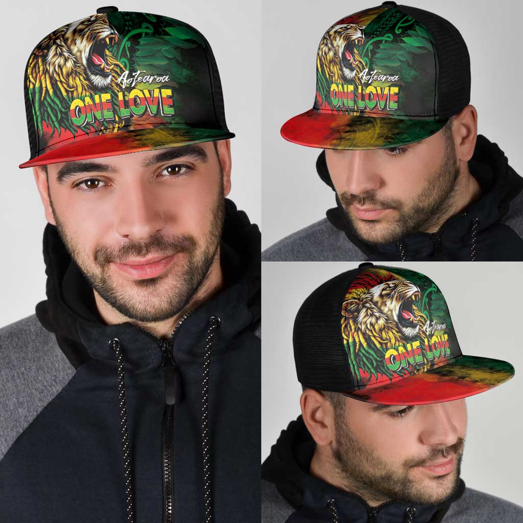 Aotearoa One Love Mesh Trucker Cap Reggae Lion with Kakahu Huruhuru