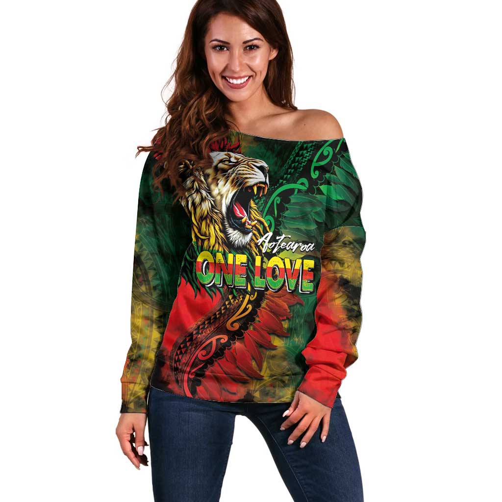 Aotearoa One Love Off Shoulder Sweater Reggae Lion with Kakahu Huruhuru