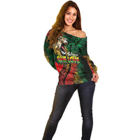 Aotearoa One Love Off Shoulder Sweater Reggae Lion with Kakahu Huruhuru