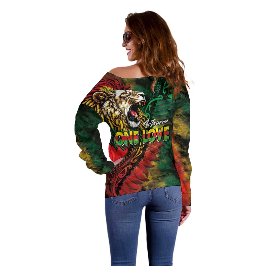 Aotearoa One Love Off Shoulder Sweater Reggae Lion with Kakahu Huruhuru