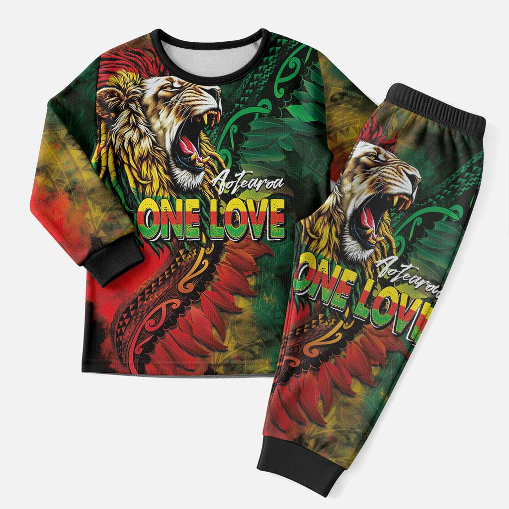 Aotearoa One Love Christmas Pajama Set Reggae Lion with Kakahu Huruhuru