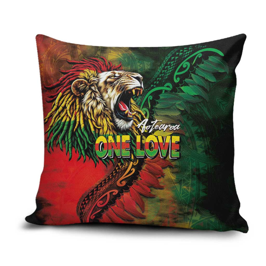 Aotearoa One Love Pillow Cover Reggae Lion with Kakahu Huruhuru