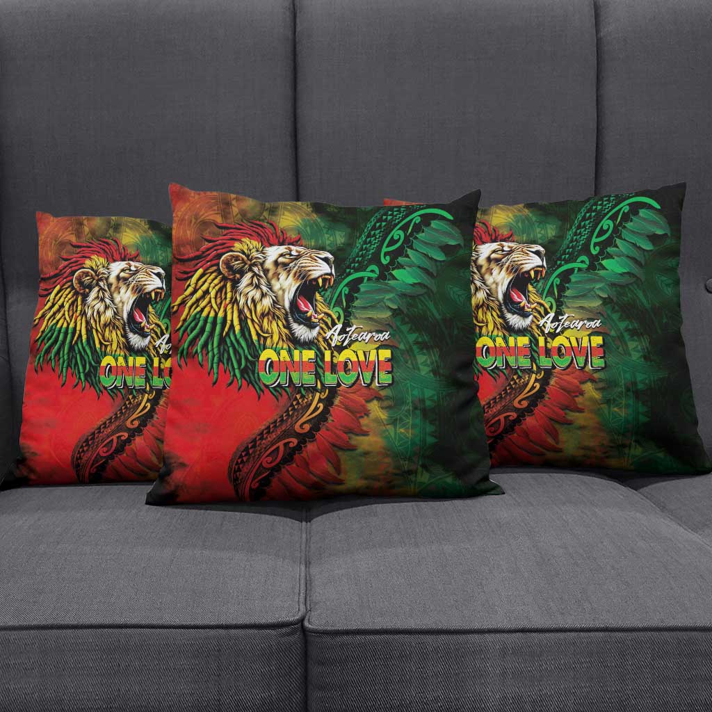 Aotearoa One Love Pillow Cover Reggae Lion with Kakahu Huruhuru