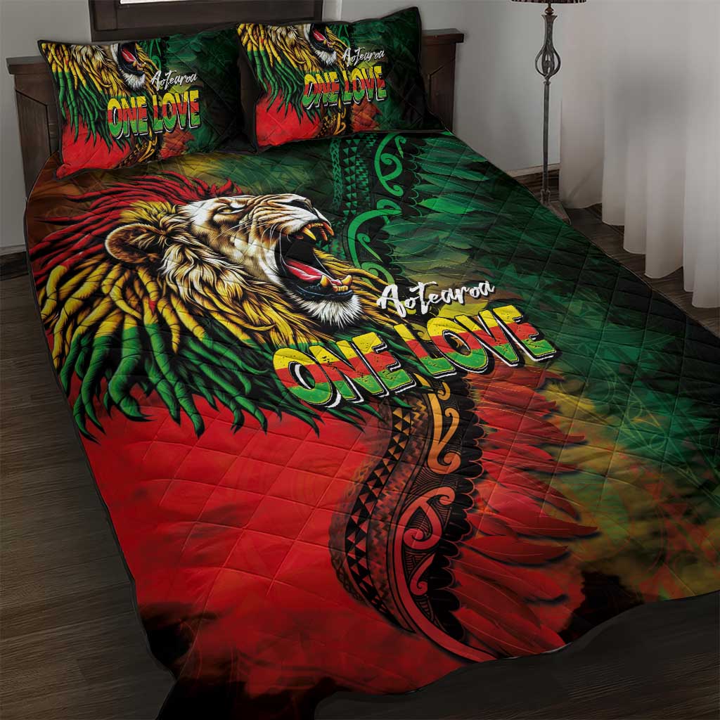 Aotearoa One Love Quilt Bed Set Reggae Lion with Kakahu Huruhuru LT03 Black - Polynesian Pride
