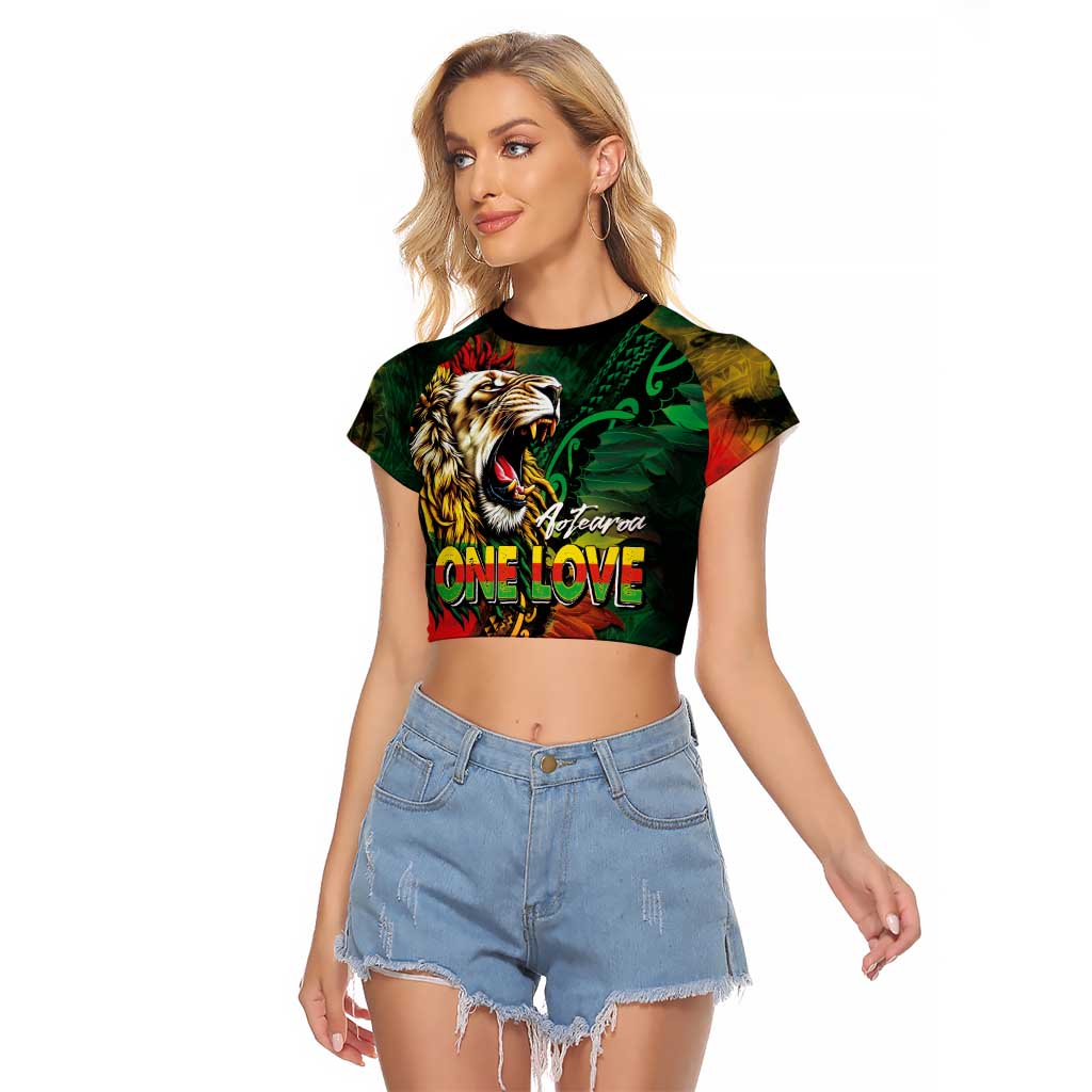 Aotearoa One Love Raglan Cropped T Shirt Reggae Lion with Kakahu Huruhuru