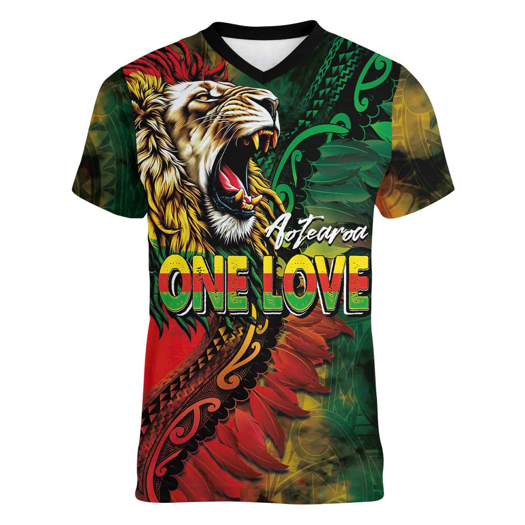 Aotearoa One Love Women V-Neck T-Shirt Reggae Lion with Kakahu Huruhuru