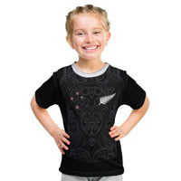 Custom Aotearoa Rugby Kid T Shirt Fern Blacks-Traditional Maori Motifs Design LT03 Black - Polynesian Pride