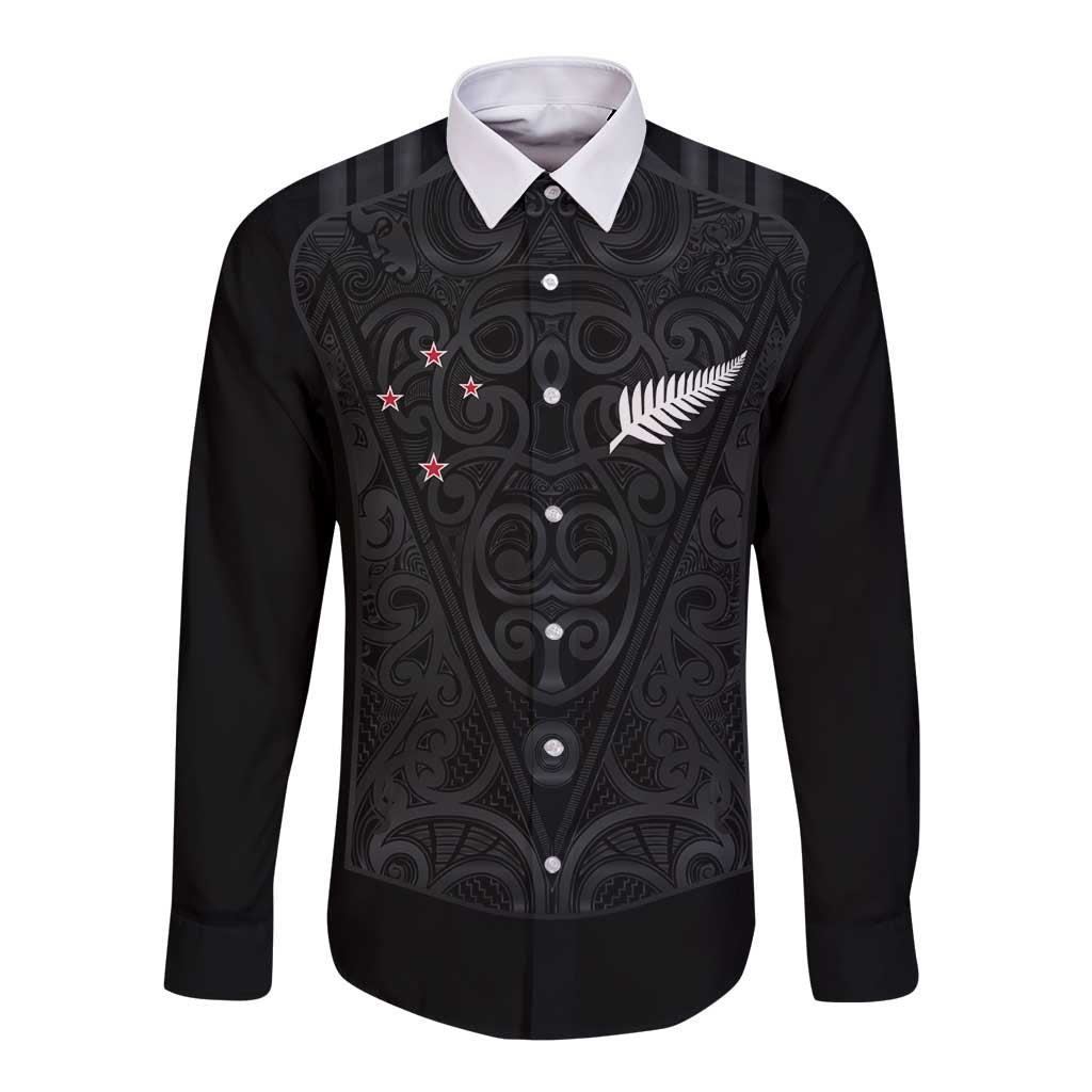 Custom Aotearoa Rugby Long Sleeve Button Shirt Fern Blacks-Traditional Maori Motifs Design