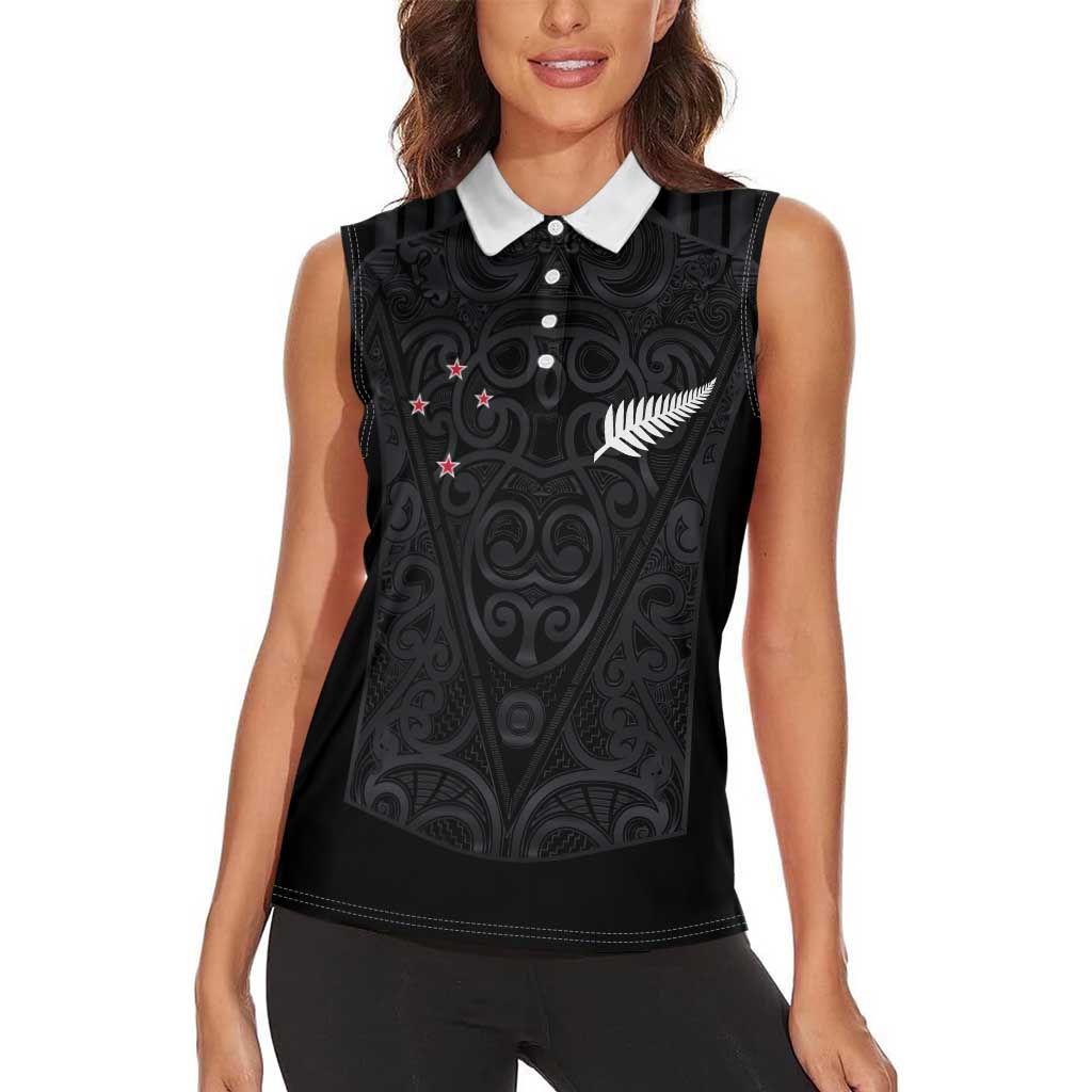 Custom Aotearoa Rugby Women Sleeveless Polo Shirt Fern Blacks-Traditional Maori Motifs Design