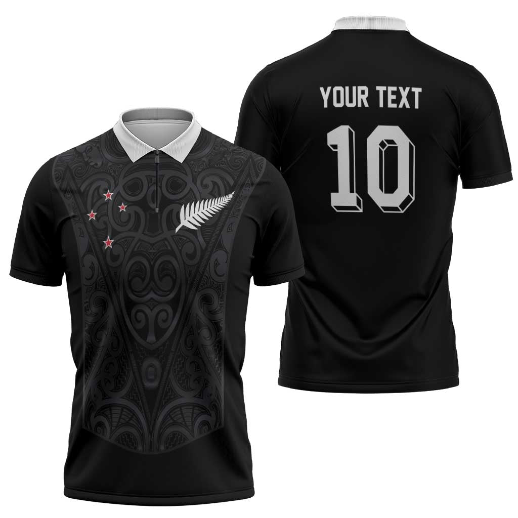 Custom Aotearoa Rugby Zipper Polo Shirt Fern Blacks-Traditional Maori Motifs Design