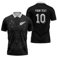 Custom Aotearoa Rugby Zipper Polo Shirt Fern Blacks-Traditional Maori Motifs Design