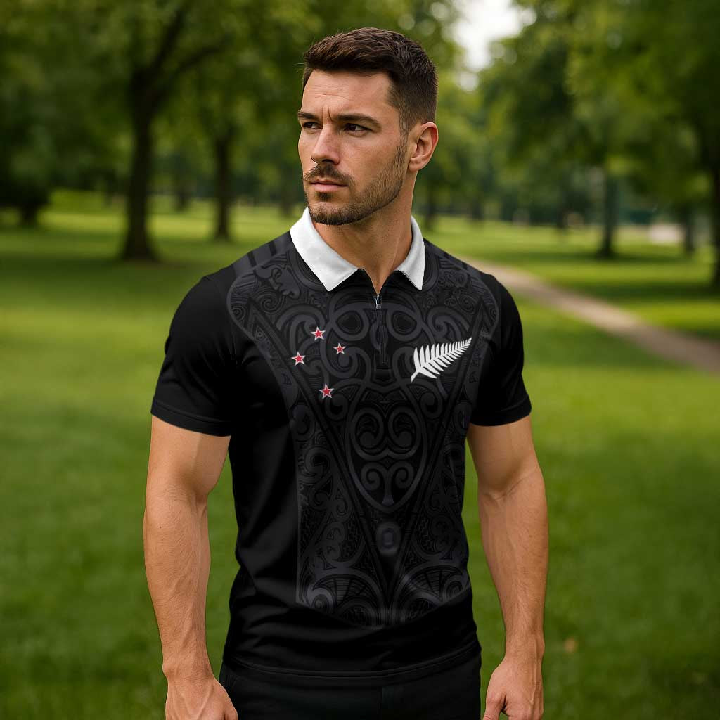Custom Aotearoa Rugby Zipper Polo Shirt Fern Blacks-Traditional Maori Motifs Design