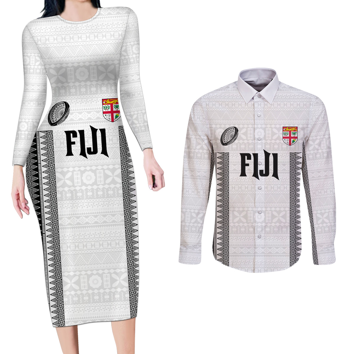 Fiji Rugby Warriors Couples Matching Long Sleeve Bodycon Dress and Long Sleeve Button Shirt Masi Tribal Pattern Go Champion 2024