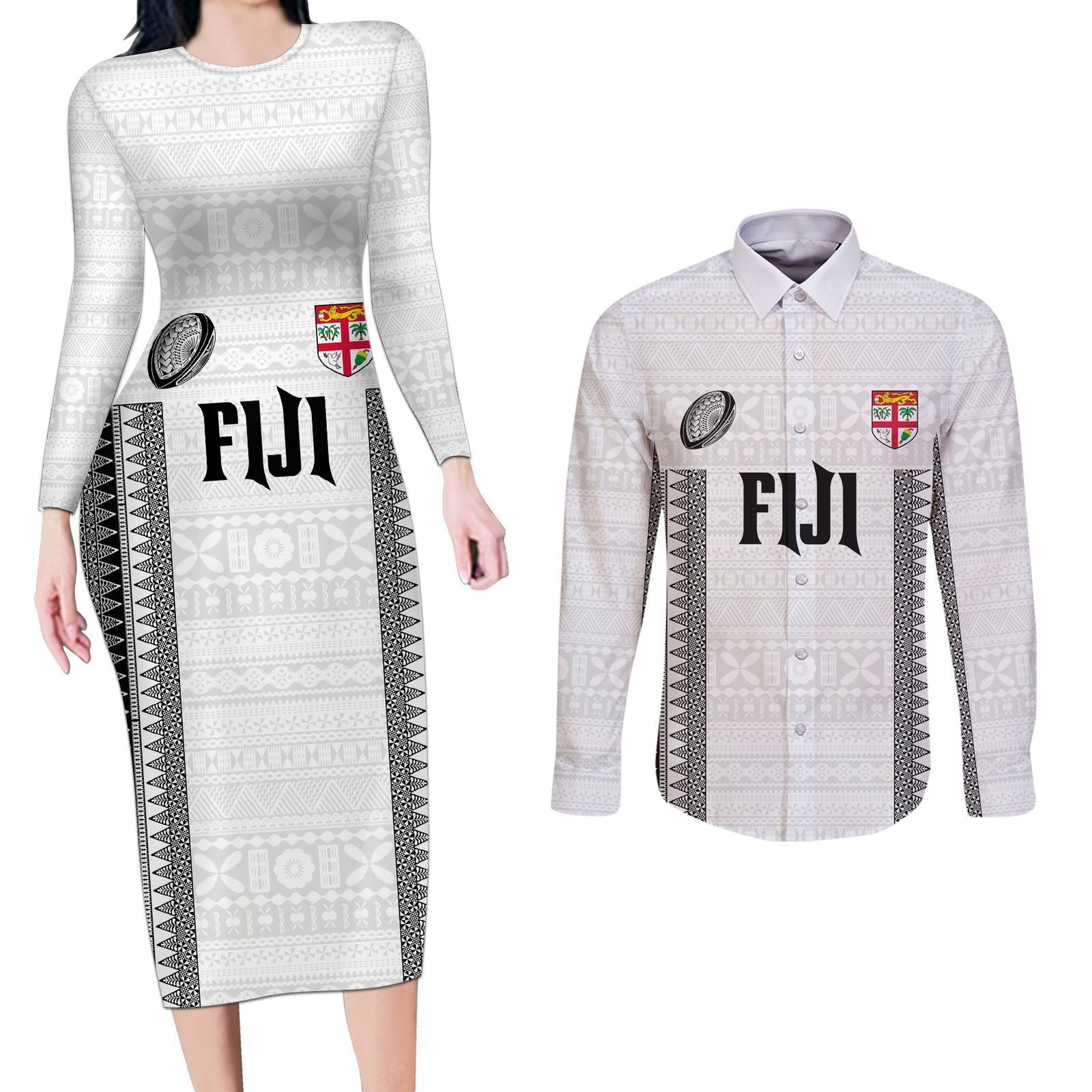Fiji Rugby Warriors Couples Matching Long Sleeve Bodycon Dress and Long Sleeve Button Shirt Masi Tribal Pattern Go Champion 2024 LT03 White - Polynesian Pride