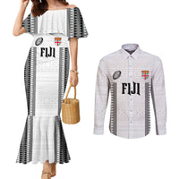 Fiji Rugby Warriors Couples Matching Mermaid Dress and Long Sleeve Button Shirt Masi Tribal Pattern Go Champion 2024