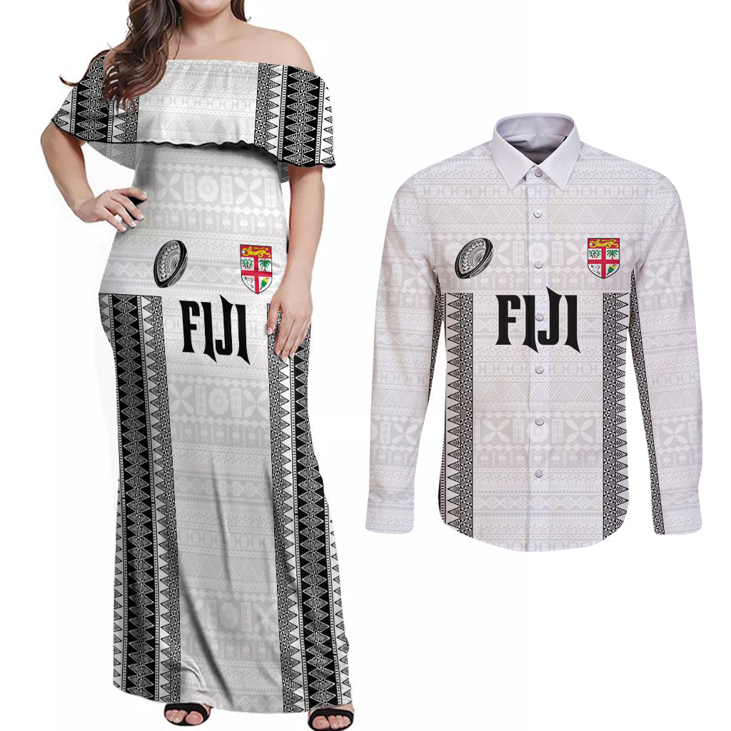 Fiji Rugby Warriors Couples Matching Off Shoulder Maxi Dress and Long Sleeve Button Shirt Masi Tribal Pattern Go Champion 2024 LT03 White - Polynesian Pride