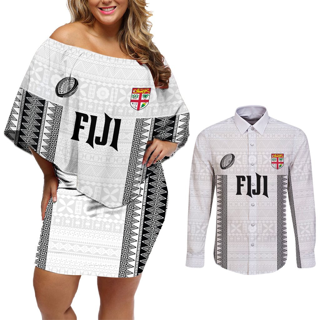 Fiji Rugby Warriors Couples Matching Off Shoulder Short Dress and Long Sleeve Button Shirt Masi Tribal Pattern Go Champion 2024 LT03 White - Polynesian Pride