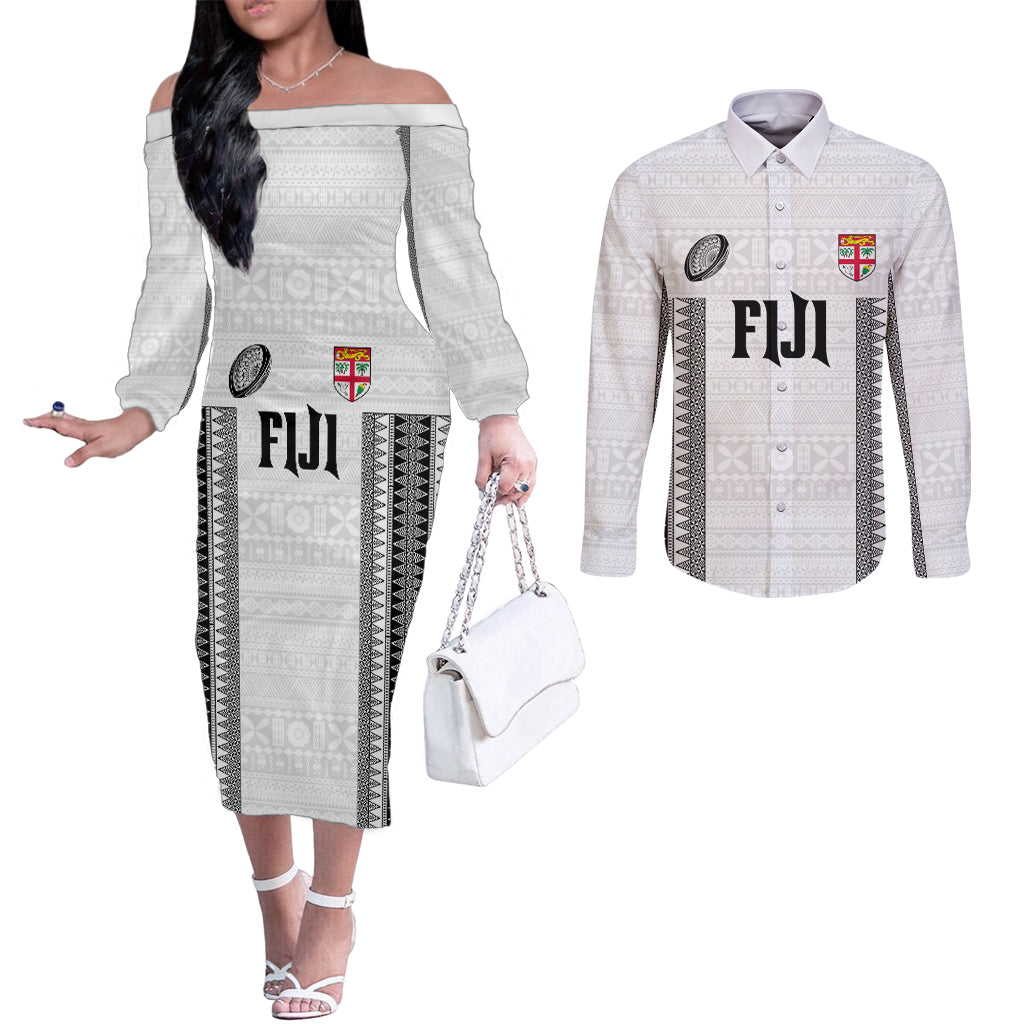 Fiji Rugby Warriors Couples Matching Off The Shoulder Long Sleeve Dress and Long Sleeve Button Shirt Masi Tribal Pattern Go Champion 2024 LT03 White - Polynesian Pride