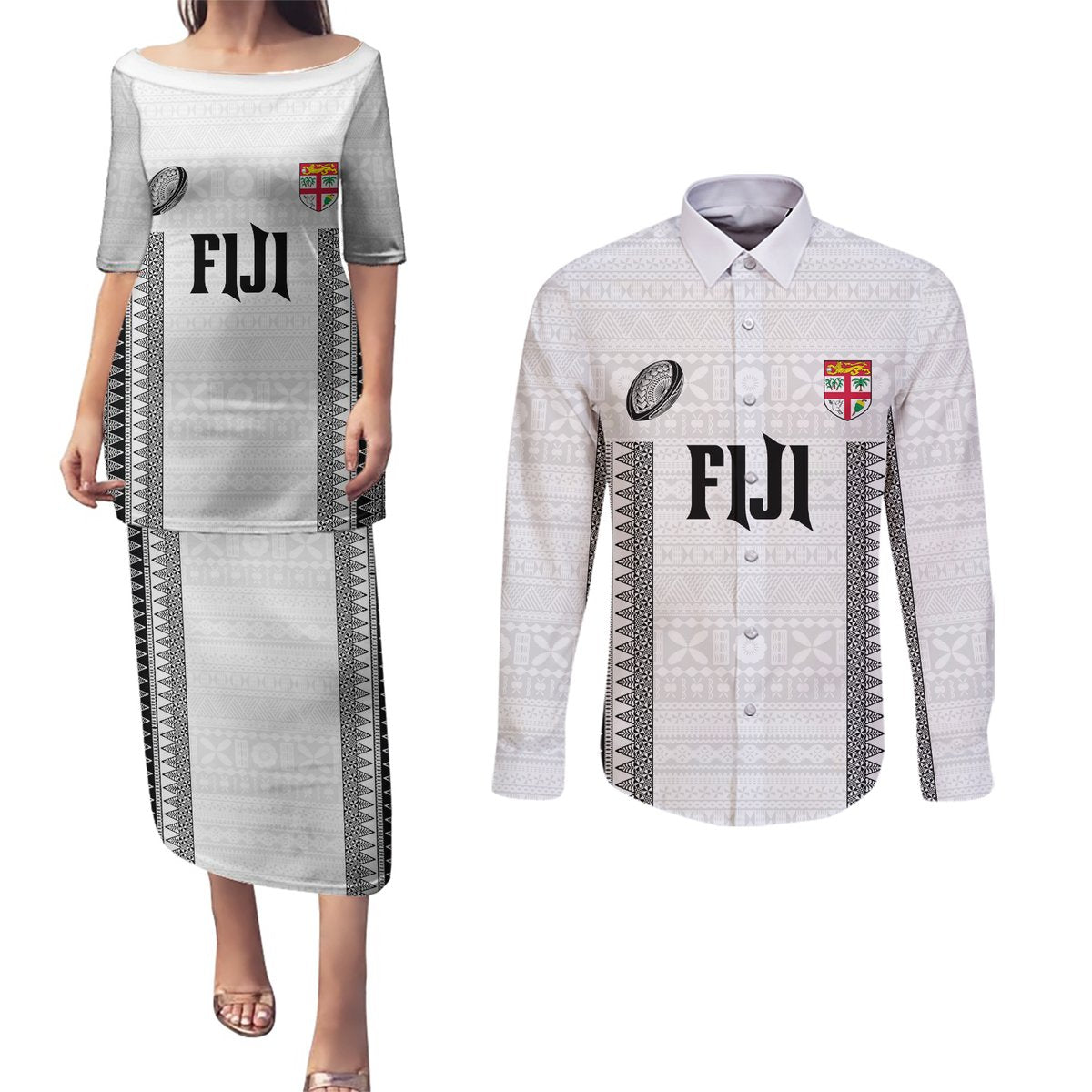 Fiji Rugby Warriors Couples Matching Puletasi and Long Sleeve Button Shirt Masi Tribal Pattern Go Champion 2024 LT03 White - Polynesian Pride
