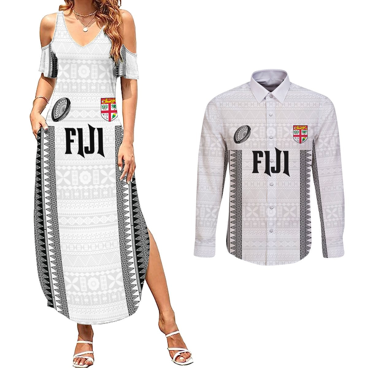 Fiji Rugby Warriors Couples Matching Summer Maxi Dress and Long Sleeve Button Shirt Masi Tribal Pattern Go Champion 2024 LT03 White - Polynesian Pride