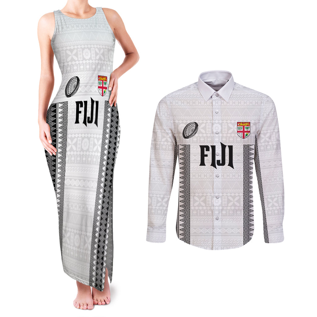 Fiji Rugby Warriors Couples Matching Tank Maxi Dress and Long Sleeve Button Shirt Masi Tribal Pattern Go Champion 2024 LT03 White - Polynesian Pride