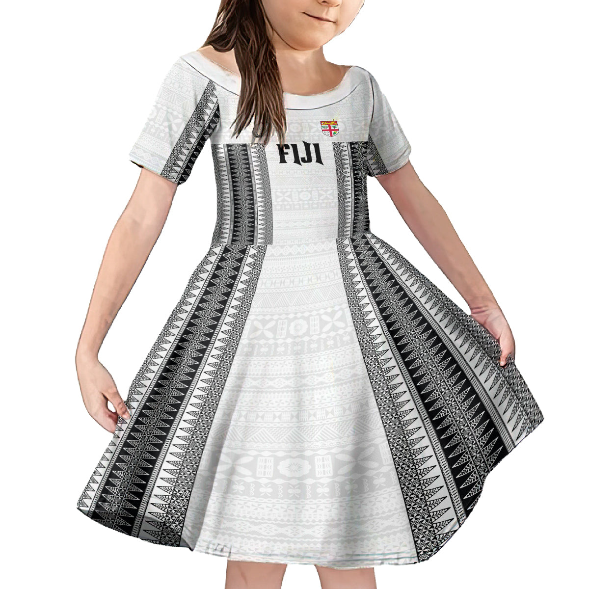 Fiji Rugby Warriors Kid Short Sleeve Dress Masi Tribal Pattern Go Champion 2024 LT03 KID White - Polynesian Pride