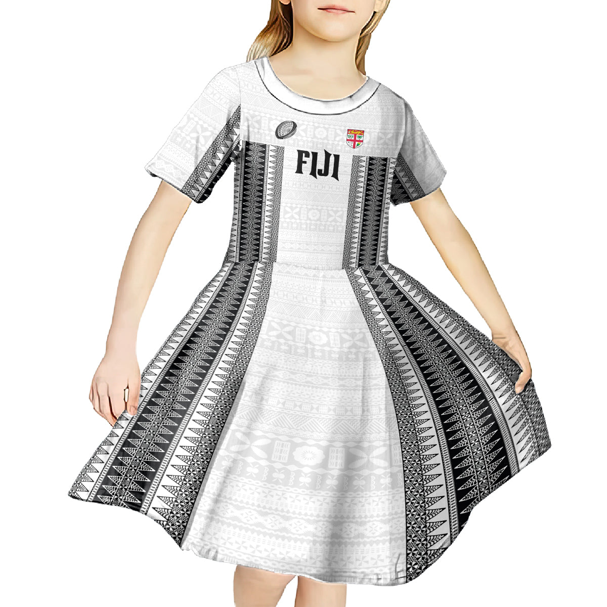 Fiji Rugby Warriors Kid Short Sleeve Dress Masi Tribal Pattern Go Champion 2024