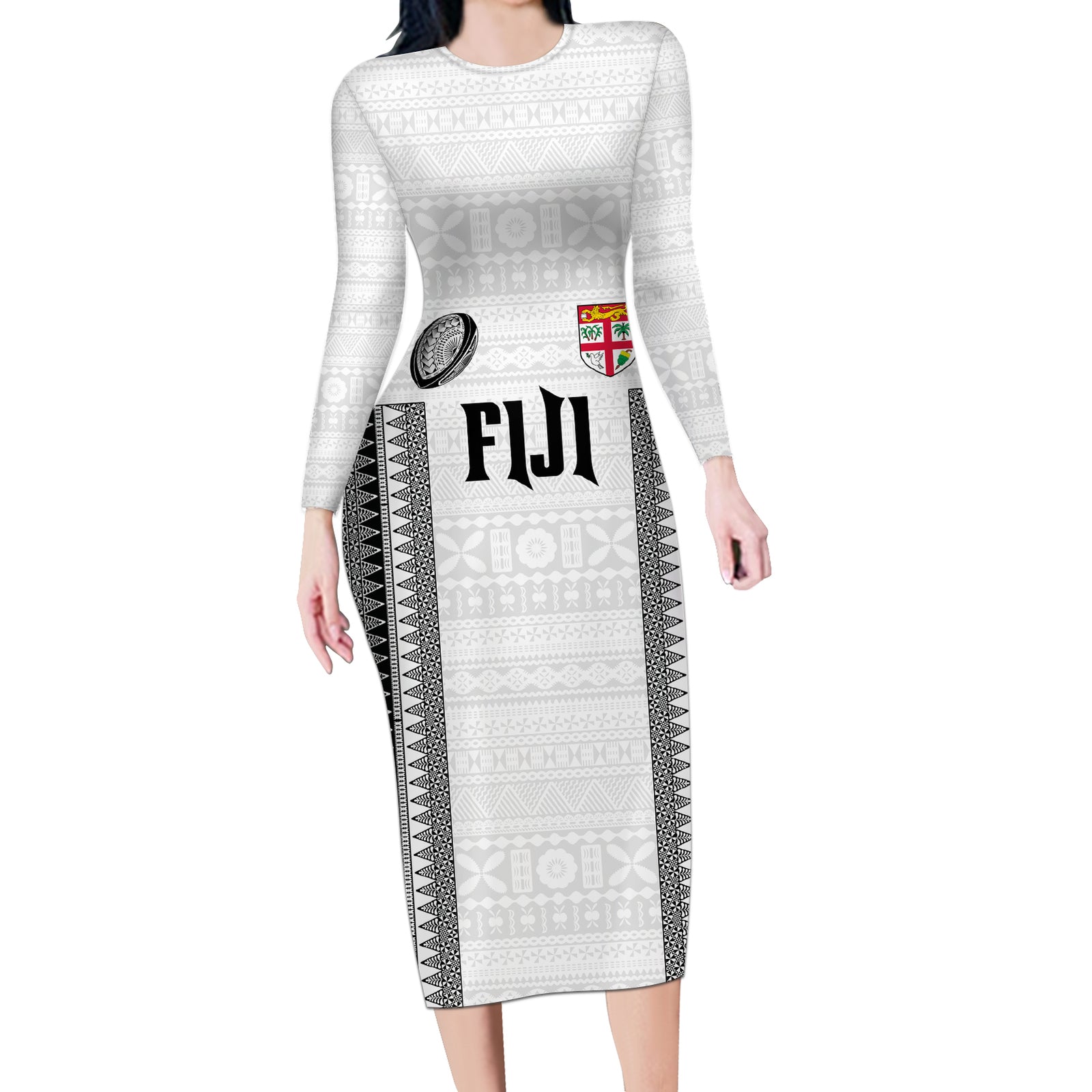 Fiji Rugby Warriors Long Sleeve Bodycon Dress Masi Tribal Pattern Go Champion 2024 LT03 Long Dress White - Polynesian Pride