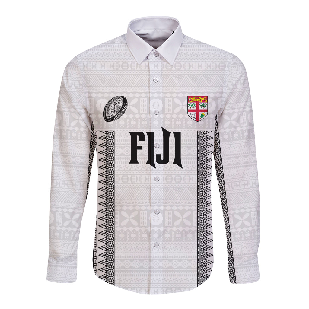 Fiji Rugby Warriors Long Sleeve Button Shirt Masi Tribal Pattern Go Champion 2024 LT03 Unisex White - Polynesian Pride