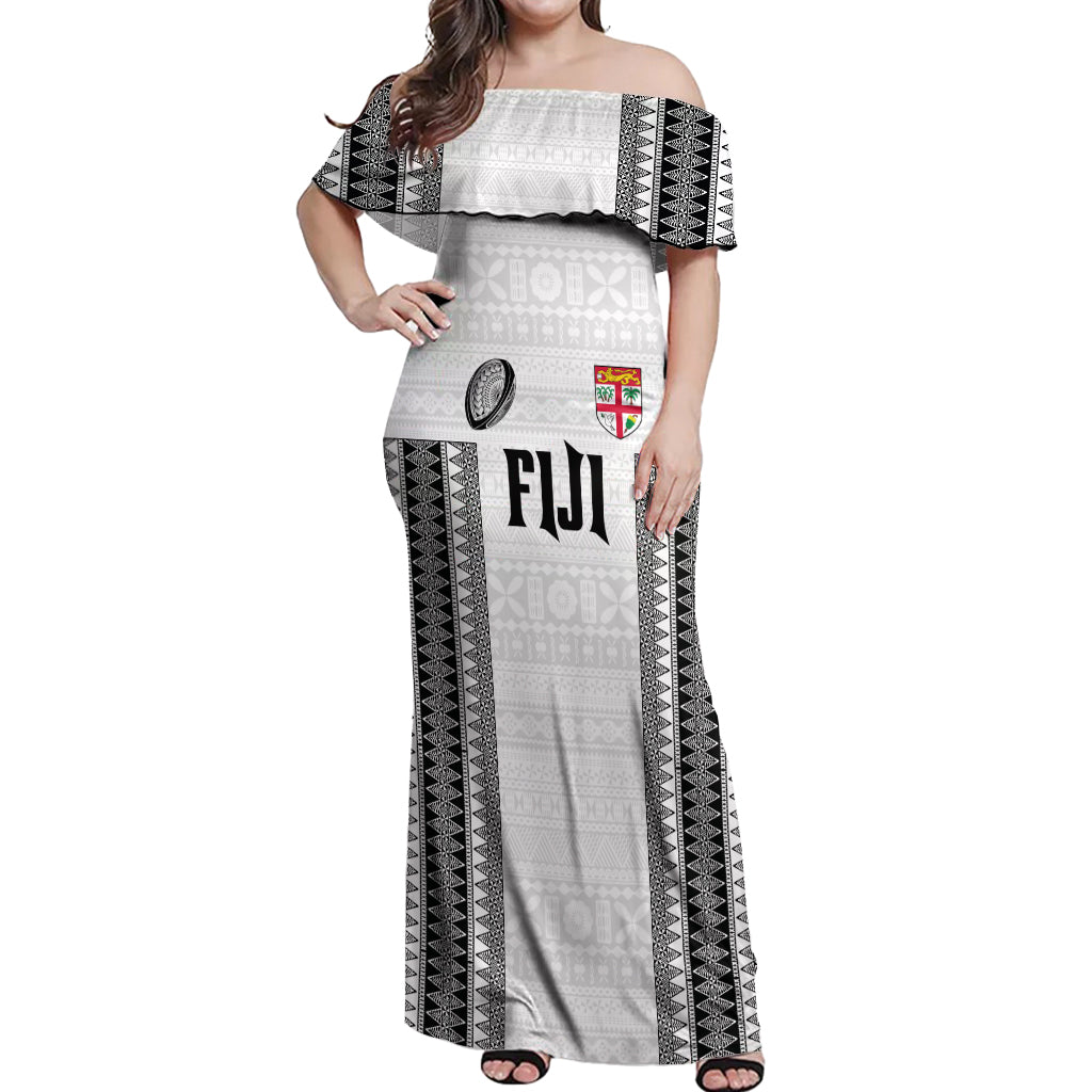 Fiji Rugby Warriors Off Shoulder Maxi Dress Masi Tribal Pattern Go Champion 2024 LT03 Women White - Polynesian Pride