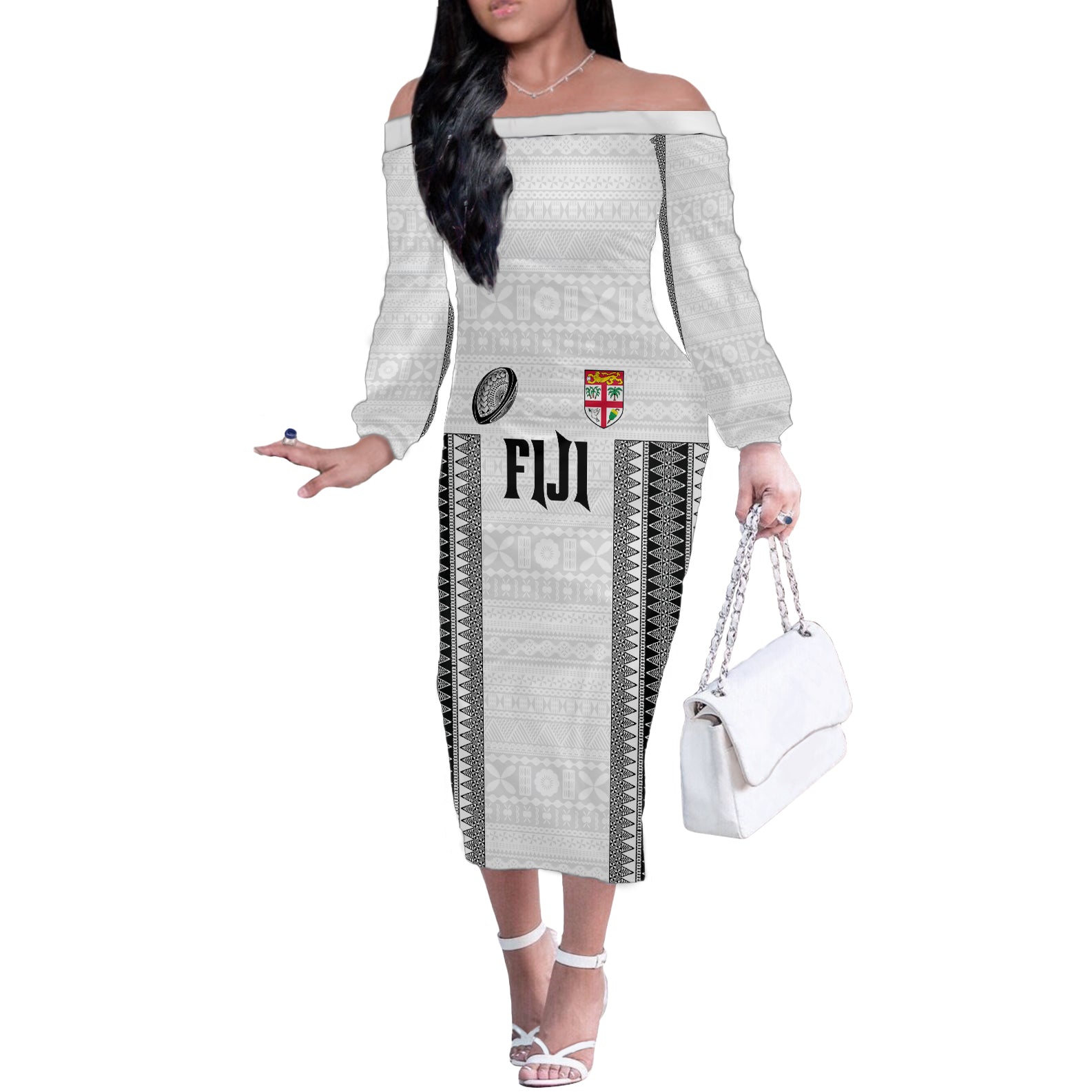Fiji Rugby Warriors Off The Shoulder Long Sleeve Dress Masi Tribal Pattern Go Champion 2024 LT03 Women White - Polynesian Pride