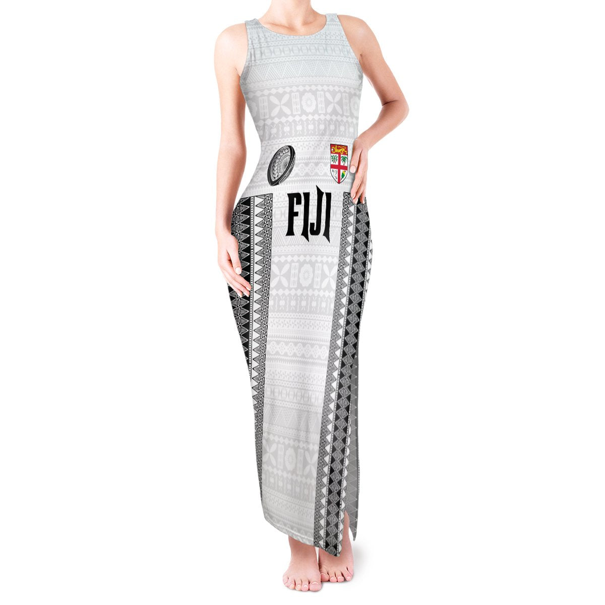 Fiji Rugby Warriors Tank Maxi Dress Masi Tribal Pattern Go Champion 2024 LT03 Women White - Polynesian Pride